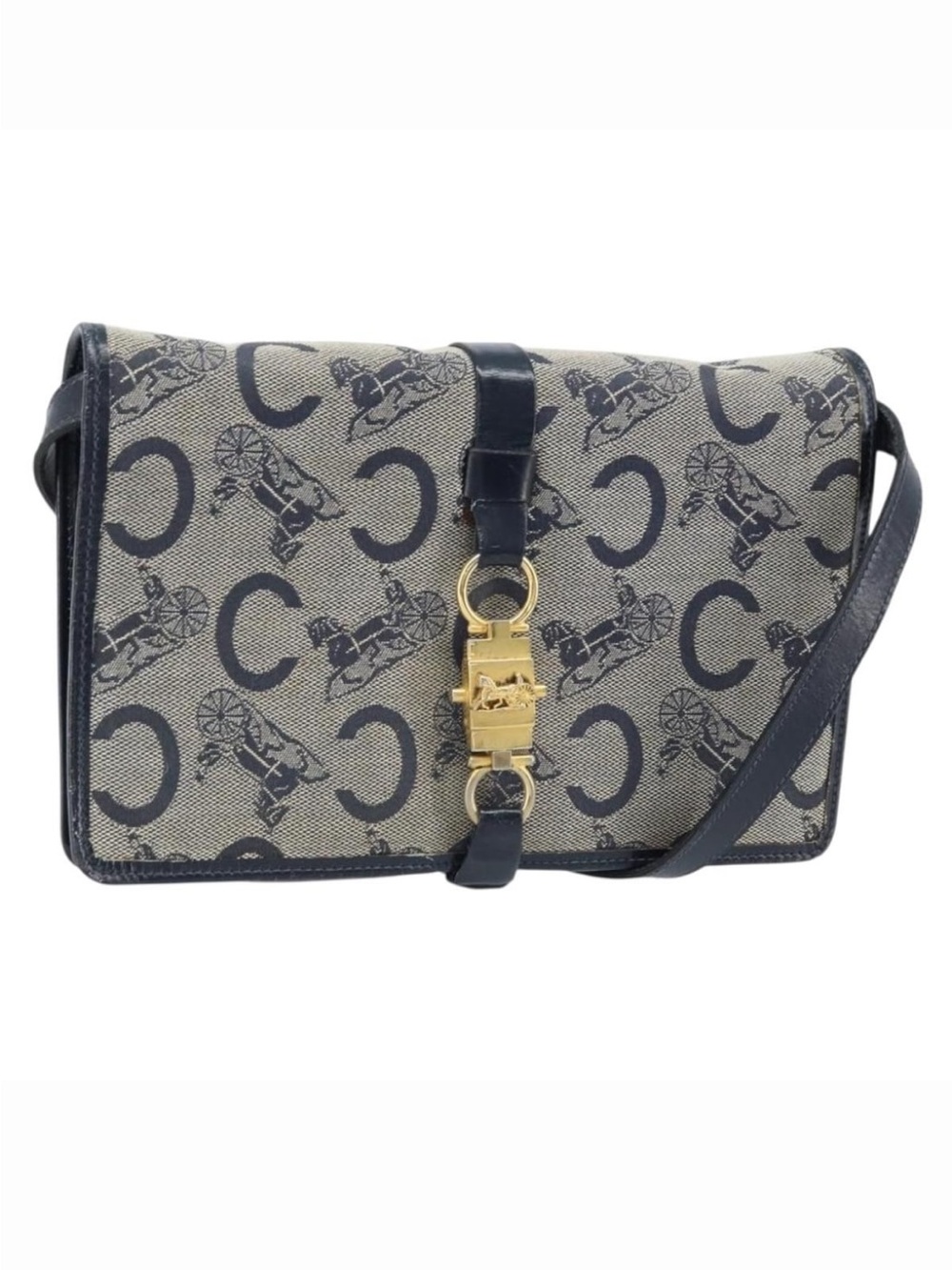 Celine Macadam Navy Canvas Shoulder Bag Gild Accents Vintage Monogram